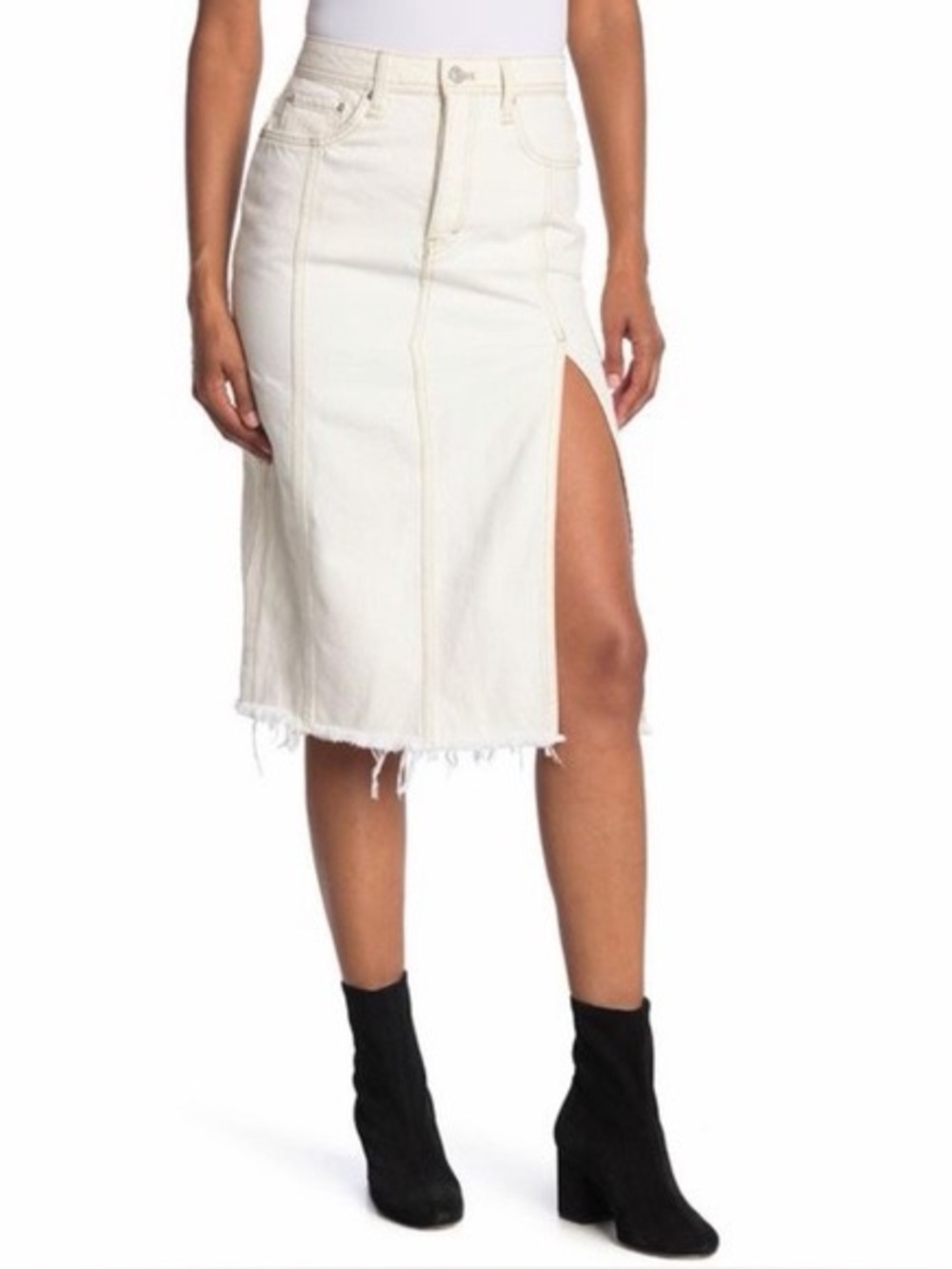 Free People Cream Denim Pencil Skirt
